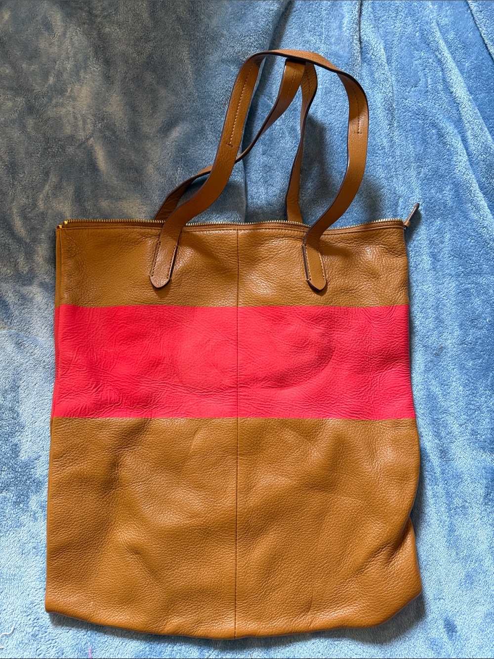 Women's Brown Leather Tote with Red Accent Stripe